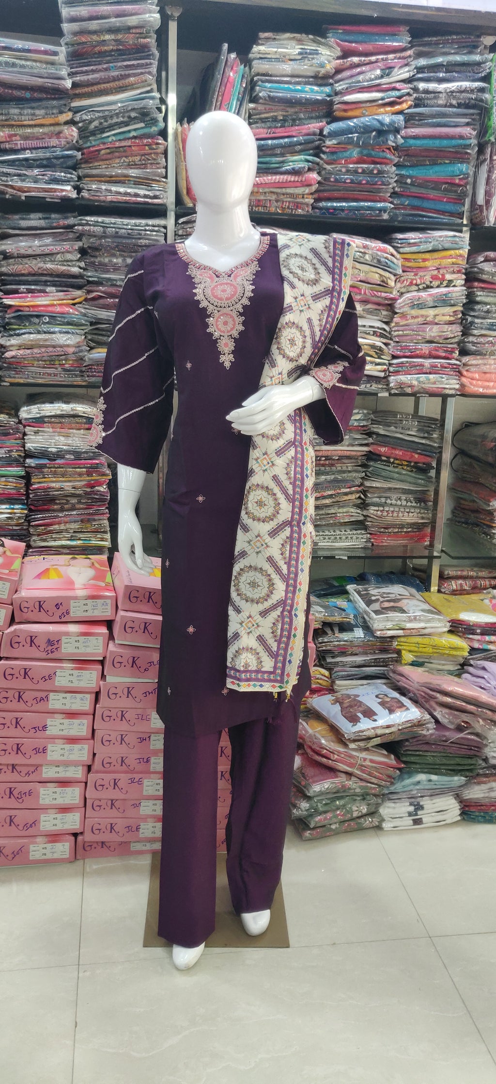 Designer Embroidered Roman silk Suit Set (Plum Purple)