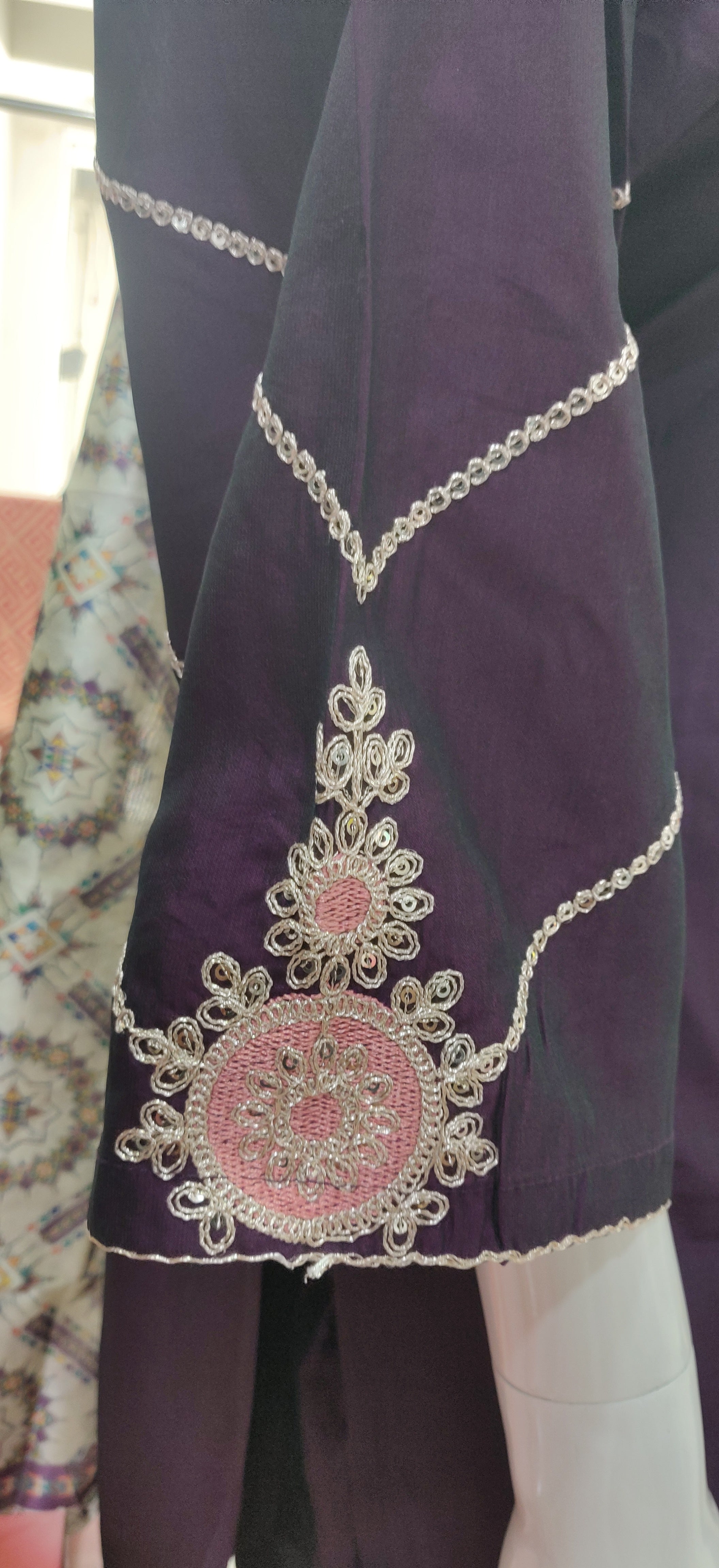 Designer Embroidered Roman silk Suit Set (Plum Purple)