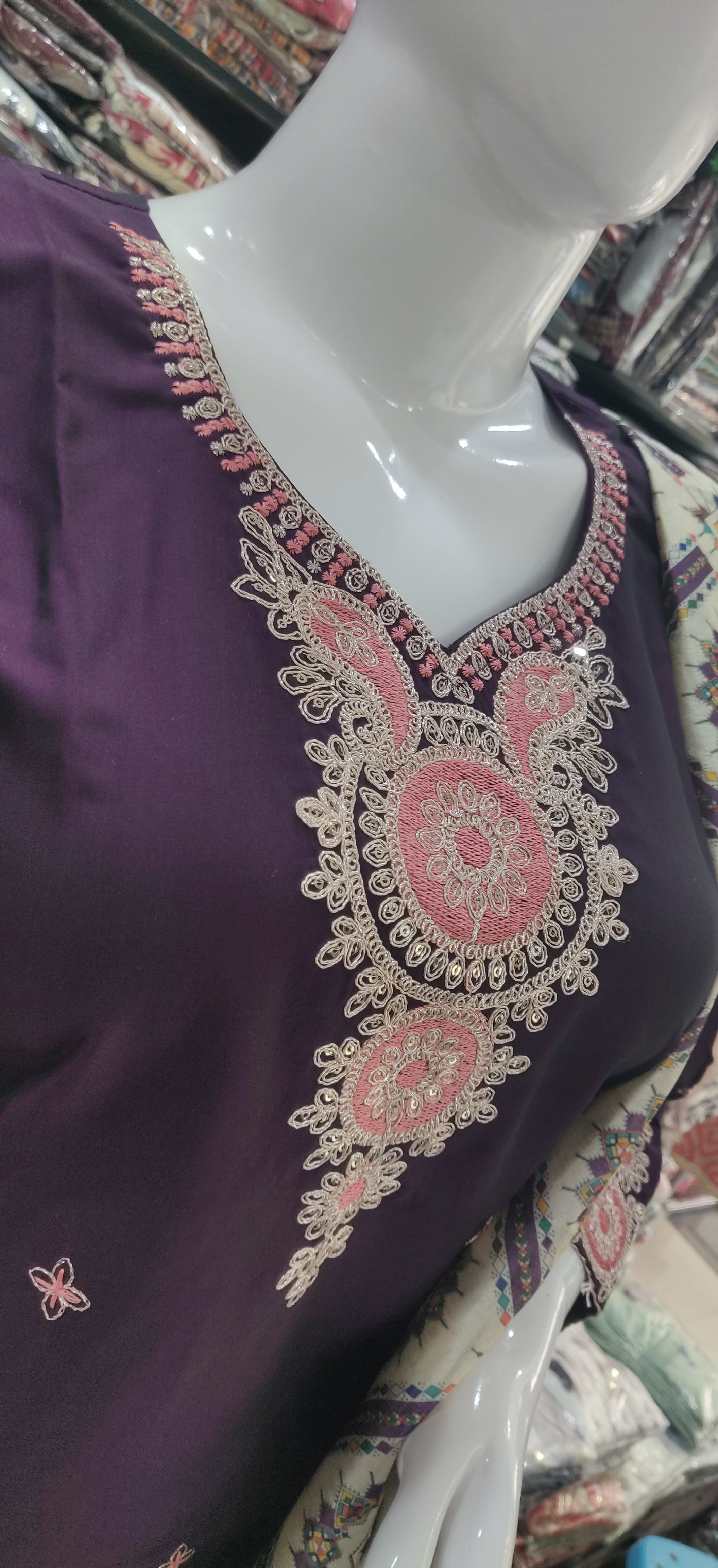 Designer Embroidered Roman silk Suit Set (Plum Purple)